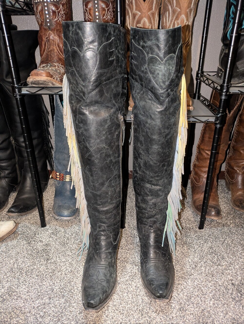 Women’s Black Over-the-Knee Fringe Boots - Picture 3 of 7